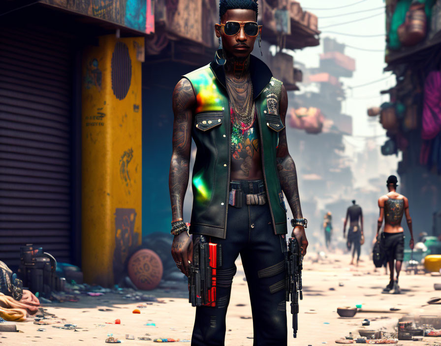 Tattooed man in futuristic urban setting with guns and sunglasses