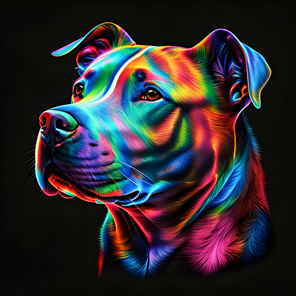 Vibrant digital dog illustration with neon outlines on black background