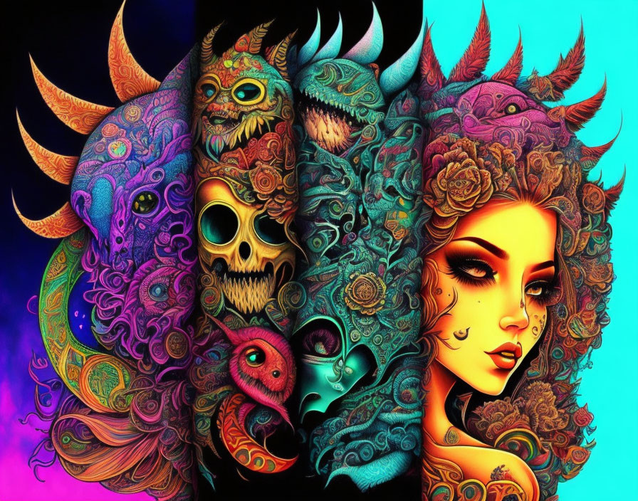 Colorful digital artwork: Woman with intricate designs and fantastical creatures on neon background