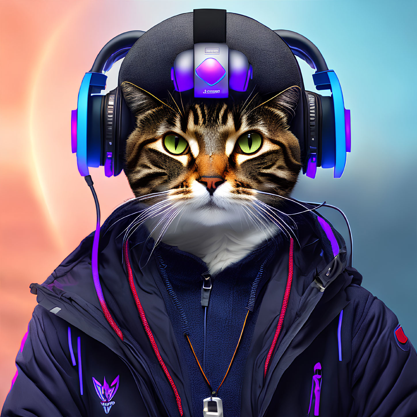 Cat with human body wearing headphones and jacket on colorful background