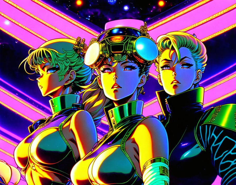 Cyberpunk-themed animated characters against vibrant neon background