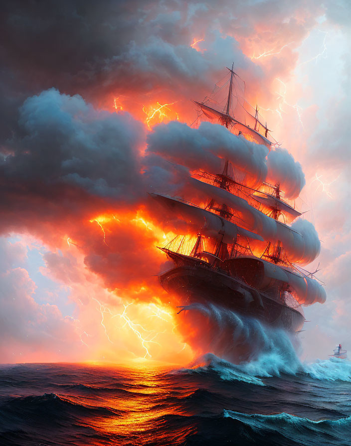 Majestic tall ship in turbulent seas with fiery orange clouds and lightning