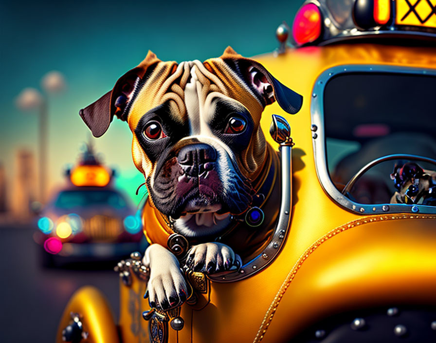 Stylized bulldog in yellow taxi cab with cityscape background