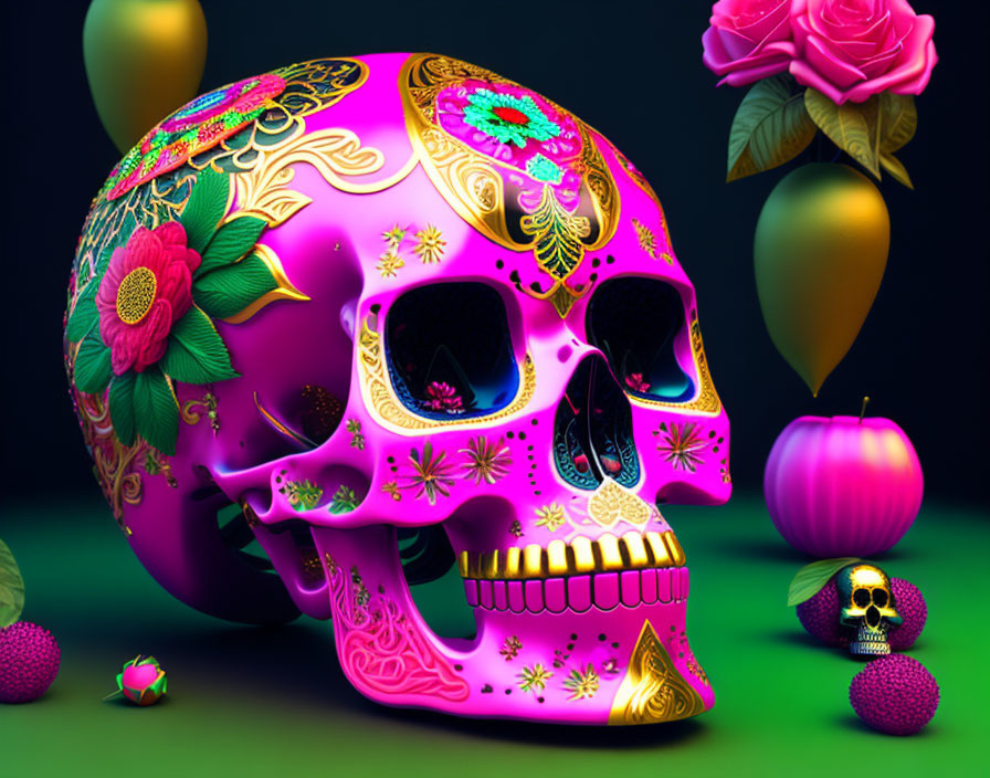 Colorful decorative skull with floral patterns and fruits on dark background