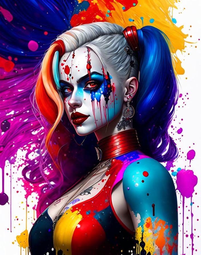 Colorful artwork featuring woman with half blue, half red hair and paint splashes
