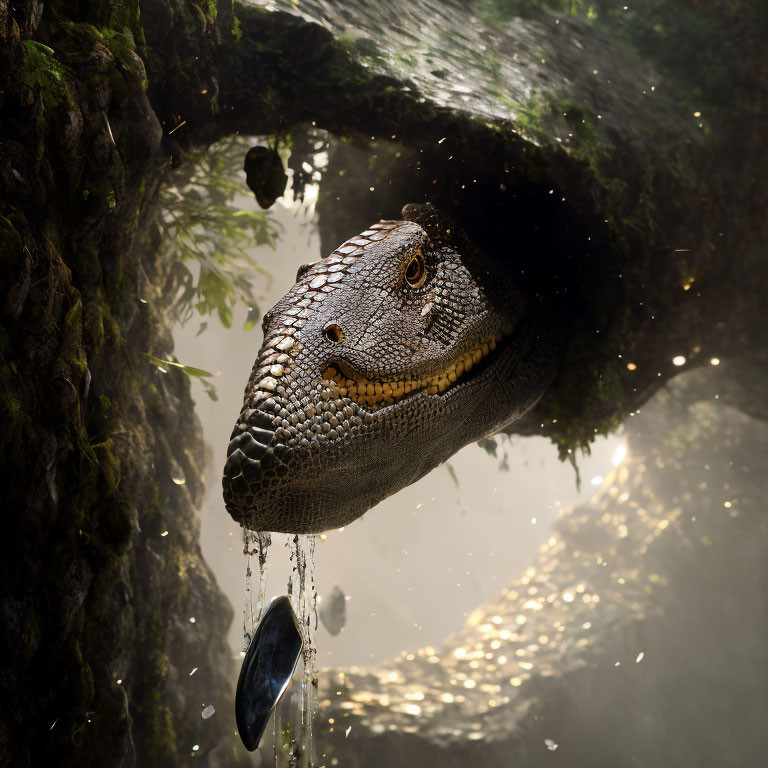 Dinosaur peering through log with water droplets in misty forest