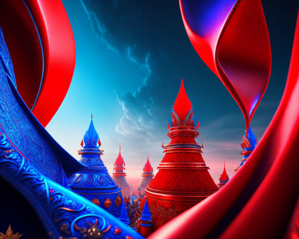 Detailed 3D Illustration of Fantastical Structures in Red and Blue Hues