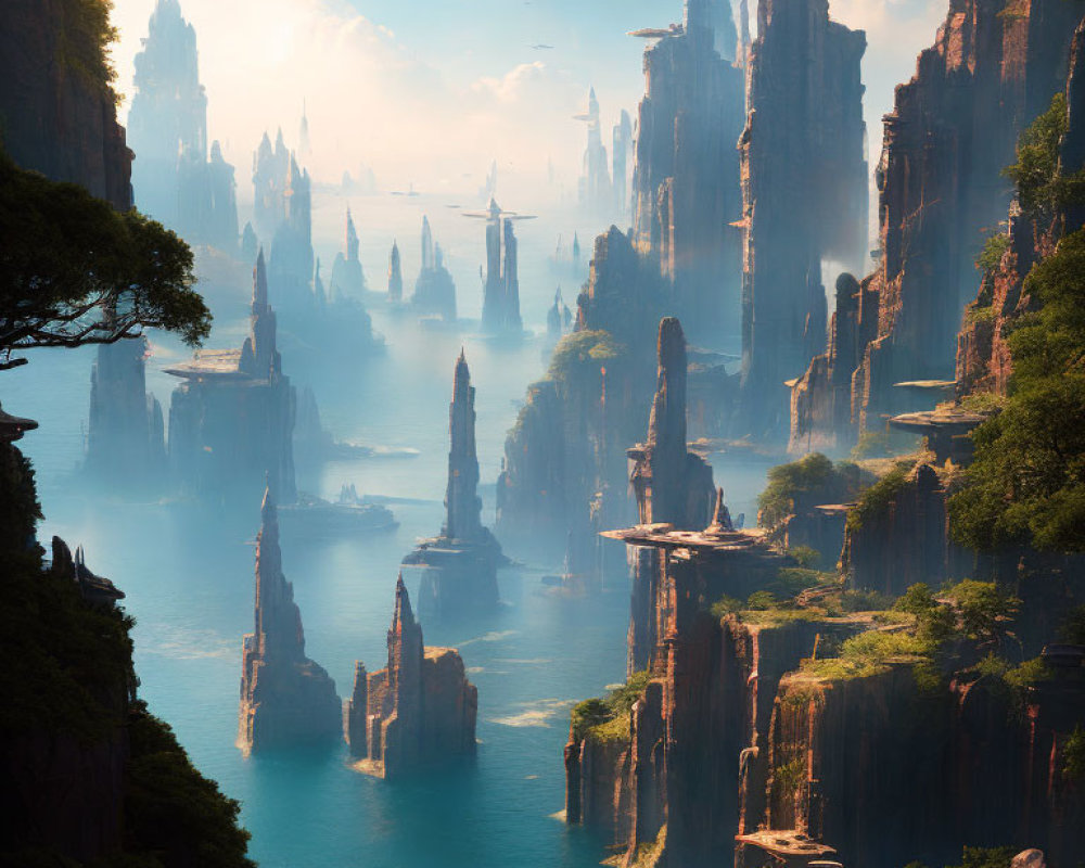 Fantasy landscape with towering rock formations and lush greenery