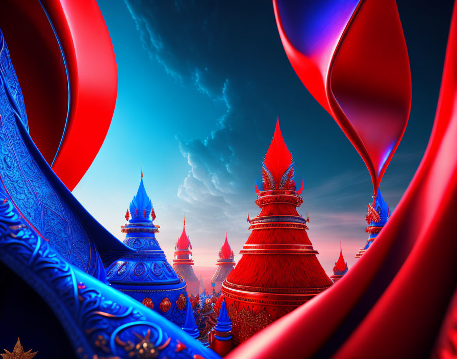 Detailed 3D Illustration of Fantastical Structures in Red and Blue Hues