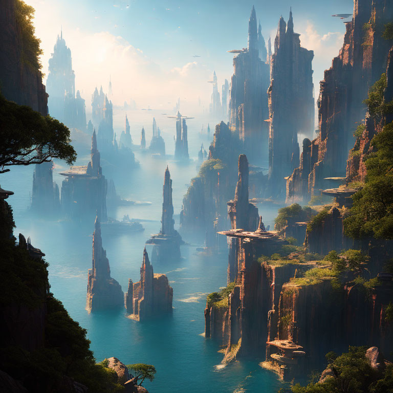 Fantasy landscape with towering rock formations and lush greenery