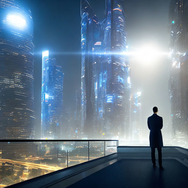Businessperson on balcony overlooking futuristic cityscape at night