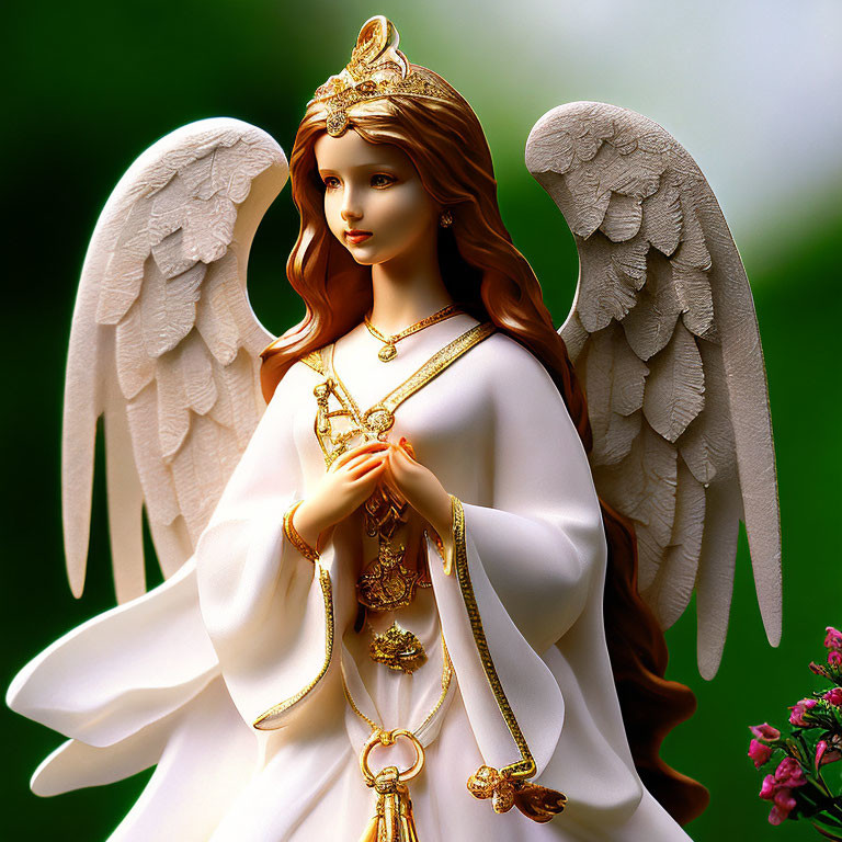 Angel statue with large white wings and golden details on a soft green background