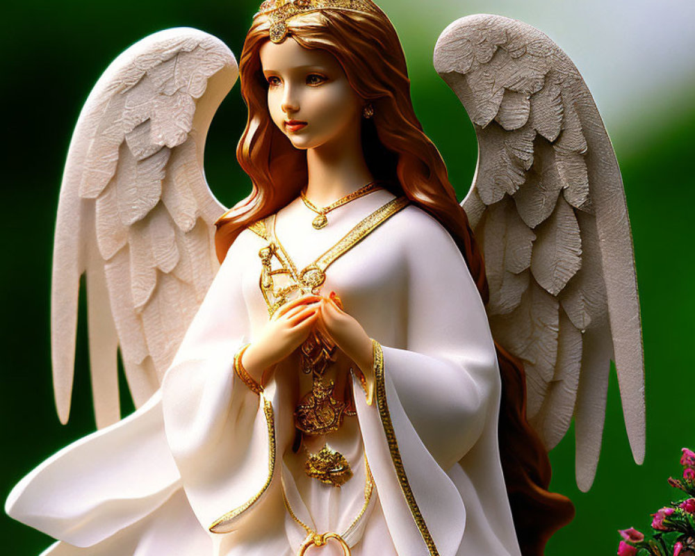 Angel statue with large white wings and golden details on a soft green background