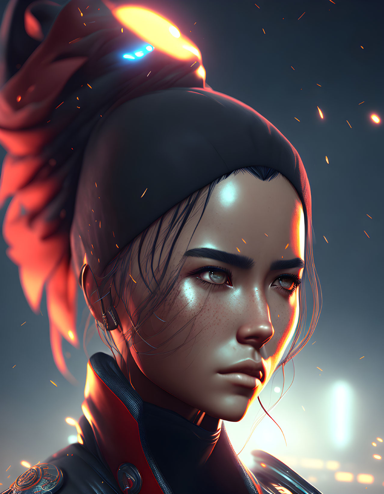 Digital portrait of woman in sci-fi military attire with blue headset on dark, spark-filled backdrop