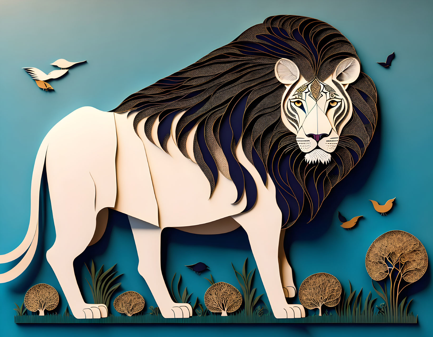 Majestic lion paper art with flowing mane, birds, and trees on teal background