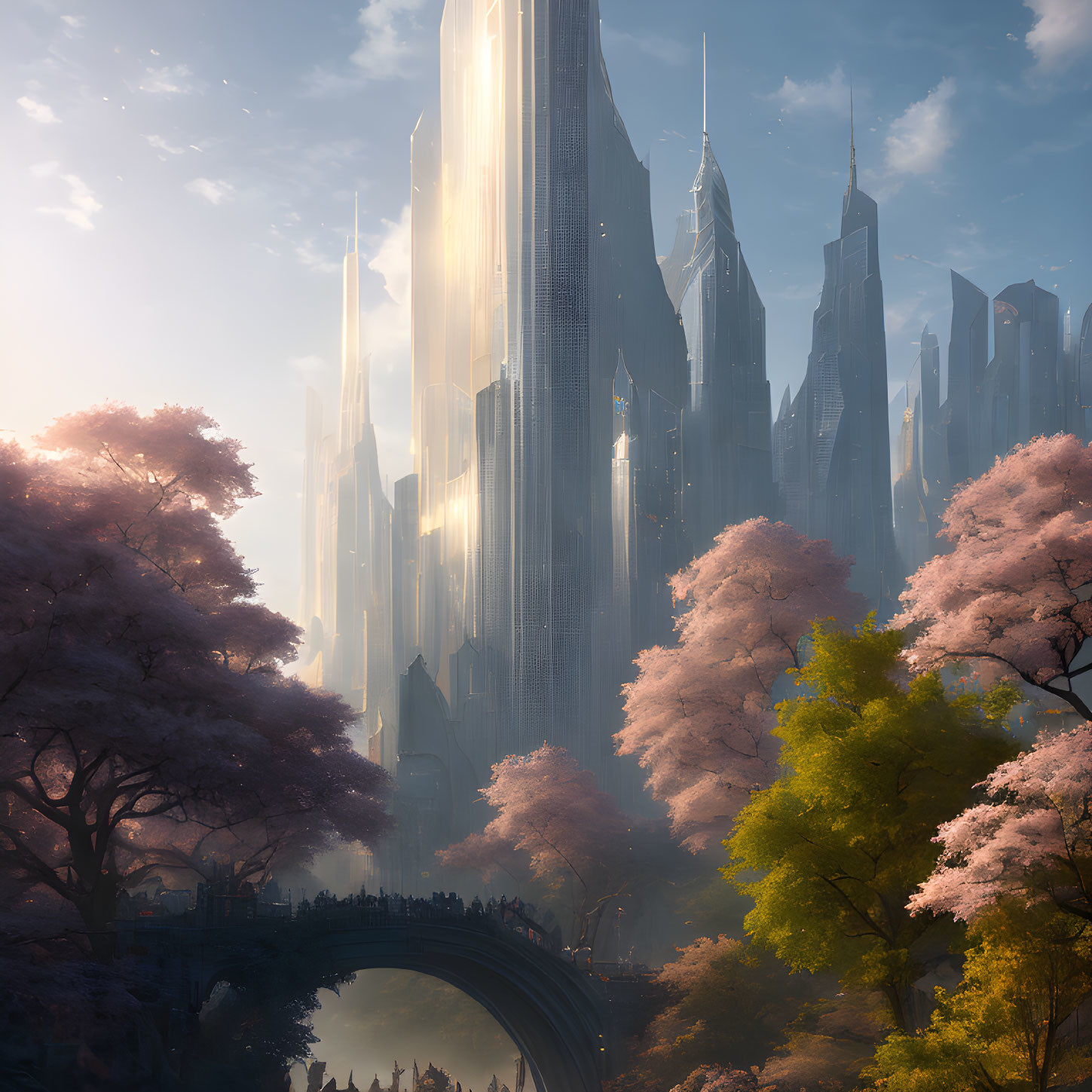 Futuristic cityscape with skyscrapers, bridge, river, and cherry blossom trees