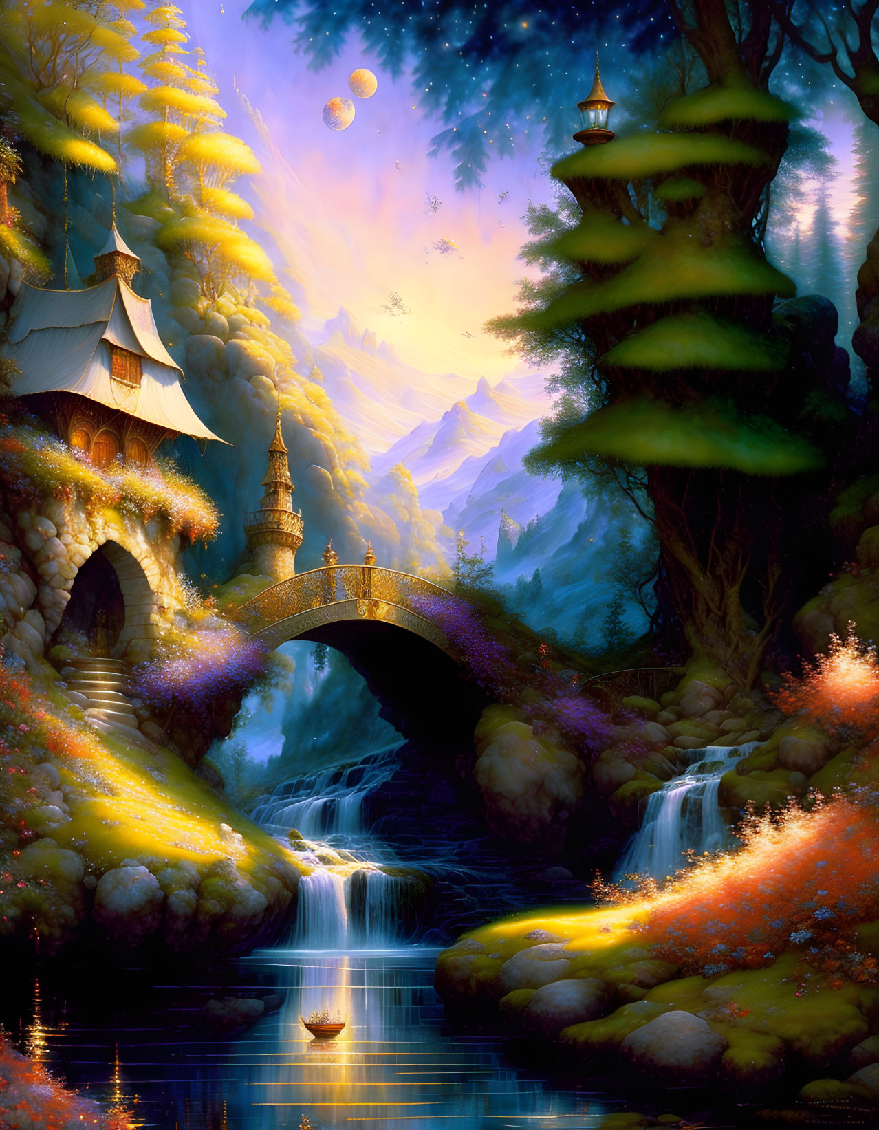 Fantasy landscape with illuminated bridge, waterfall, golden trees, vibrant flora, mountains, twilight sky,