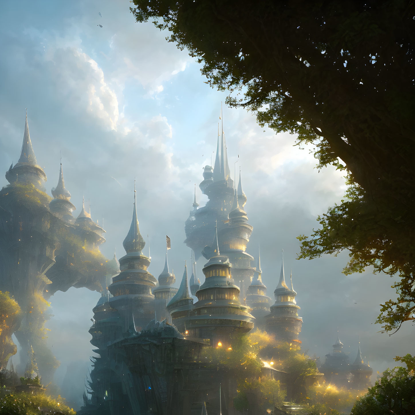 Mystical floating castle with spires in ethereal light
