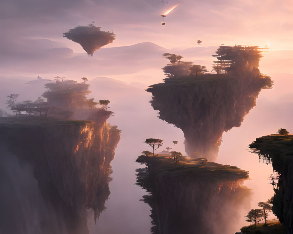 Fantasy landscape with floating islands and comet in glowing sunset sky