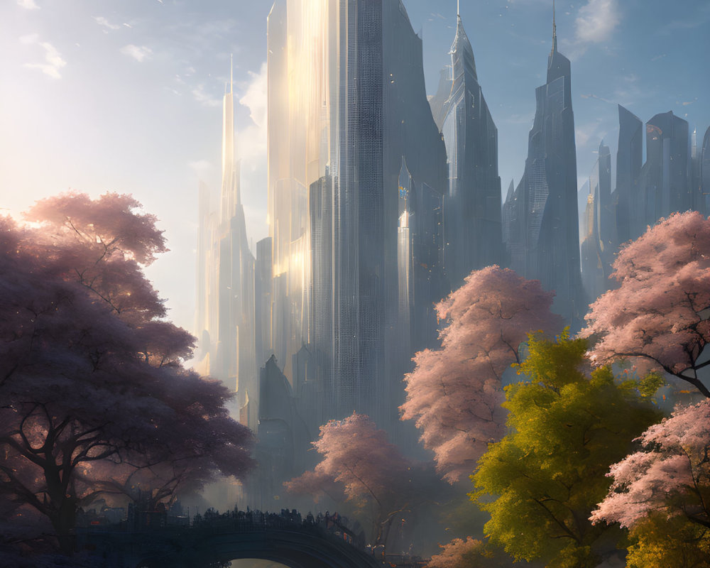Futuristic cityscape with skyscrapers, bridge, river, and cherry blossom trees