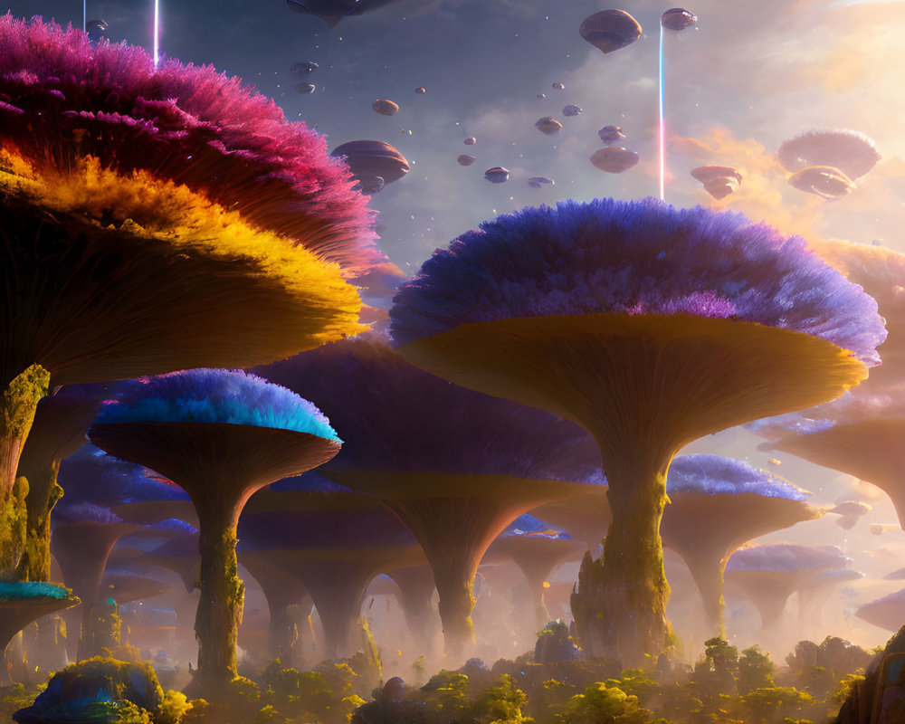 Alien landscape with giant mushroom flora, floating islands, and futuristic spacecrafts in golden sky