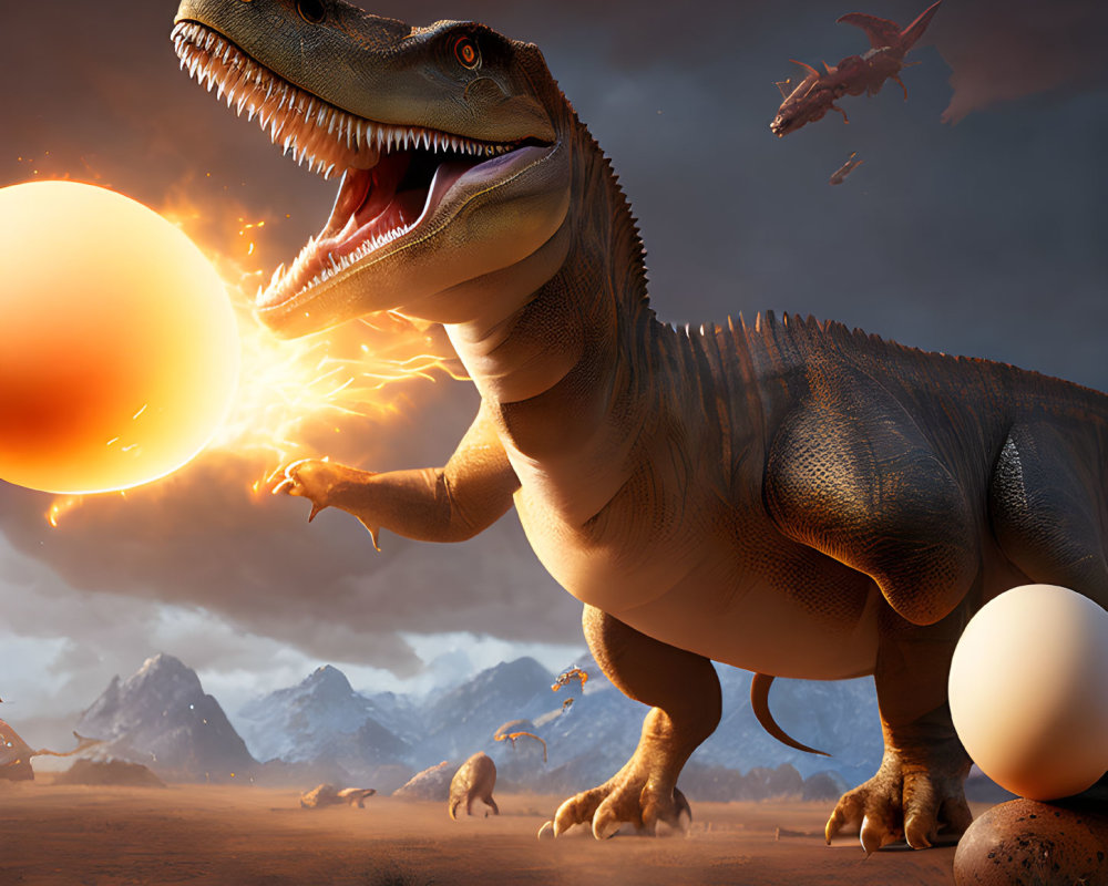 Realistic Tyrannosaurus rex with eggs on prehistoric landscape.
