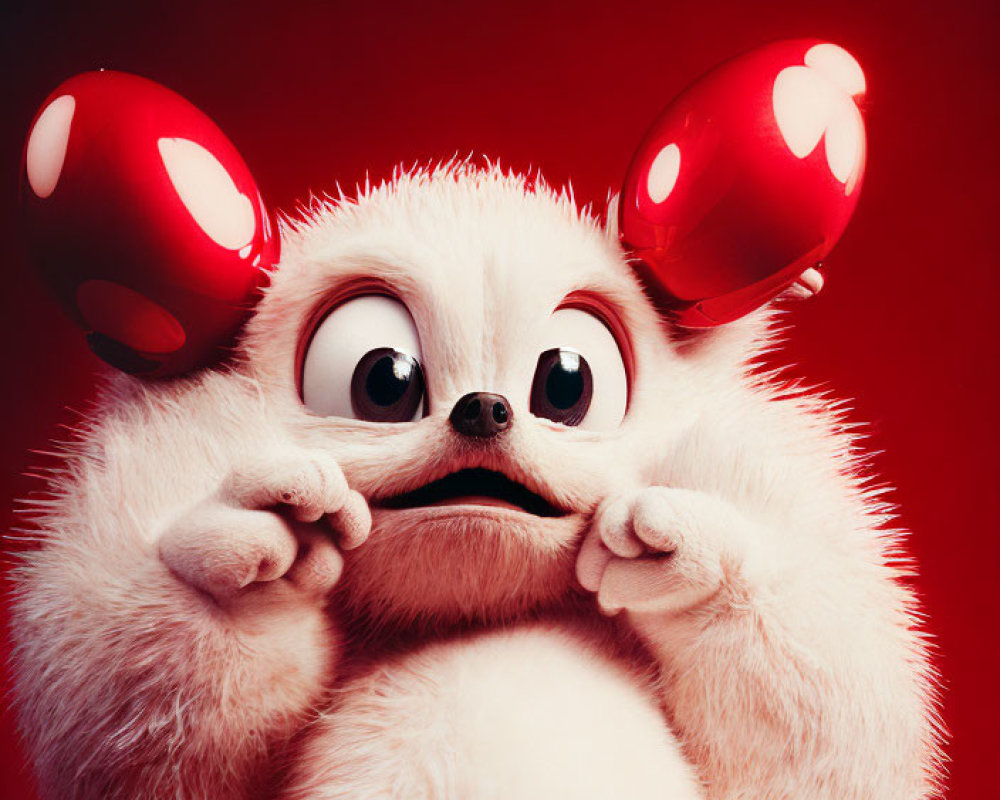 Fluffy white creature holding red mushrooms on red background