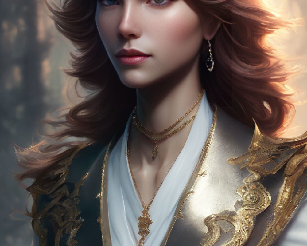 Brown-haired woman in ornate white coat with golden jewelry, digital portrait in forest setting