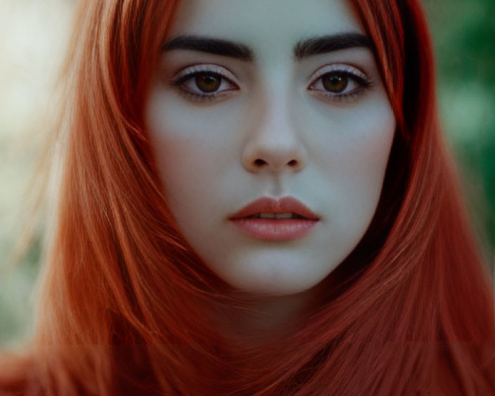 Woman with long red hair and green eyes against blurred natural background