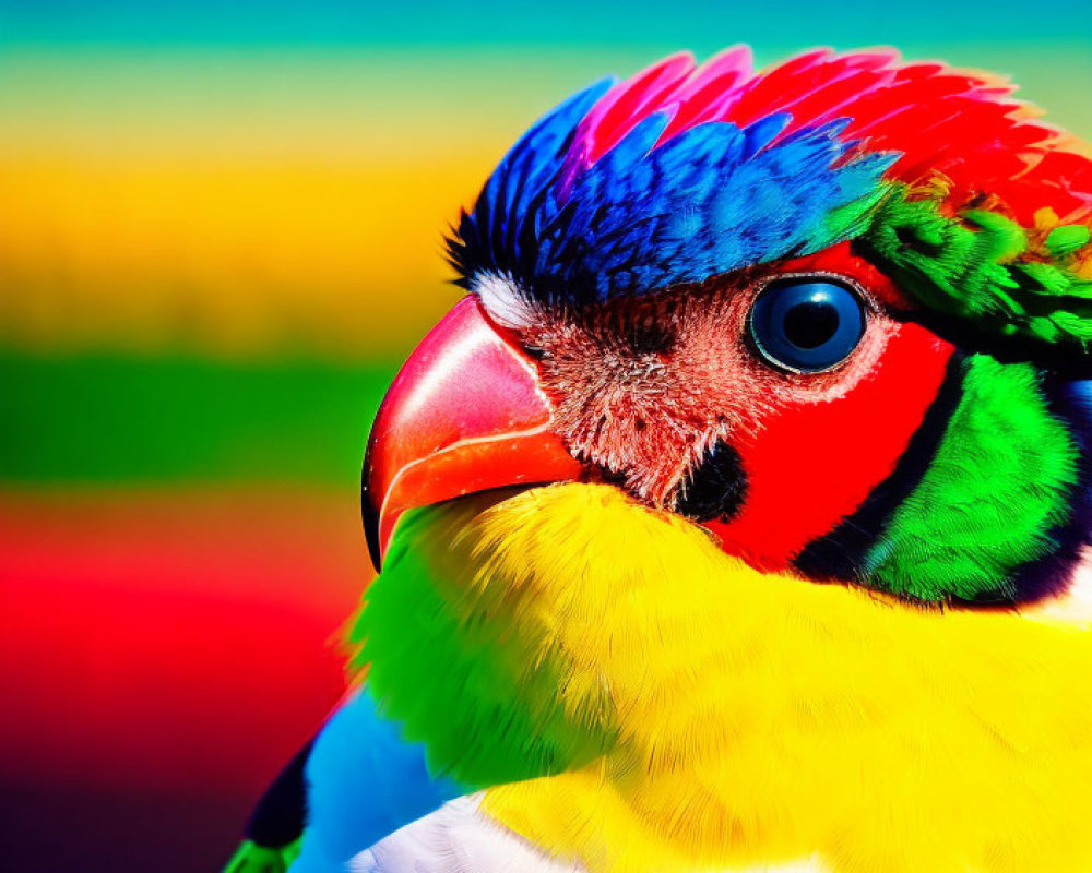 Colorful Parrot Portrait Against Rainbow Backdrop: Red, Green, Blue, and Yellow Plumage
