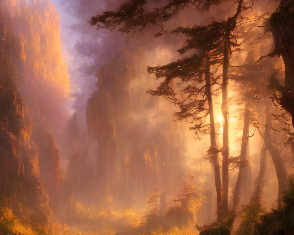 Tranquil forest sunrise with mist, waterfalls, and lush cliffs
