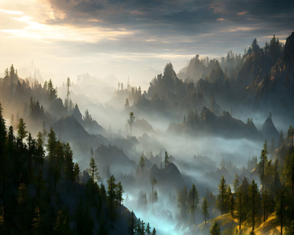 Sunlit misty mountain landscape at sunrise with forest, fog, rocky peaks, and valleys.