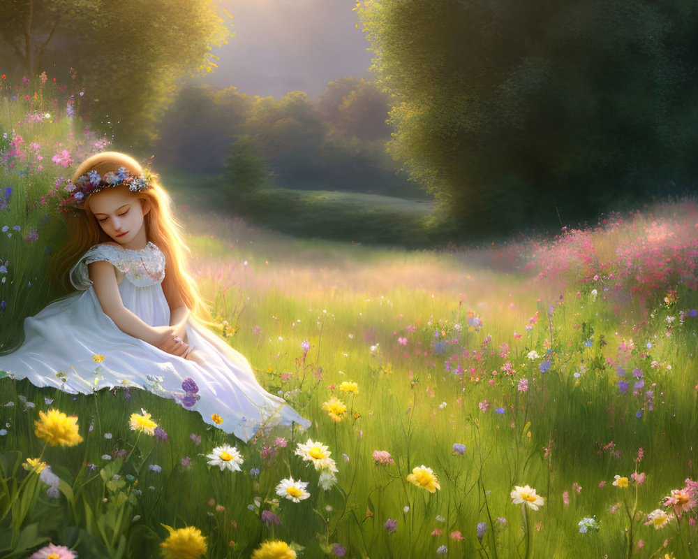 Young girl with floral wreath in sunlit wildflower meadow surrounded by greenery