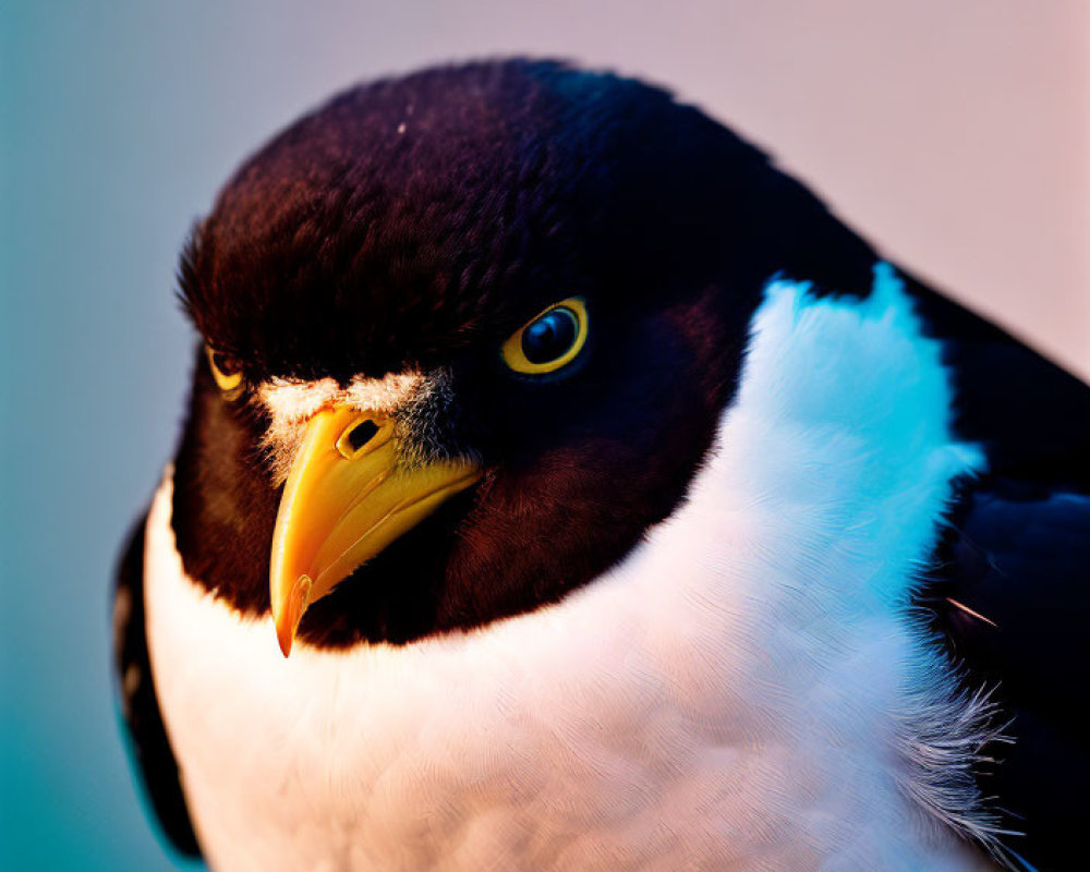 Black and white bird with yellow beak and eye on blue background