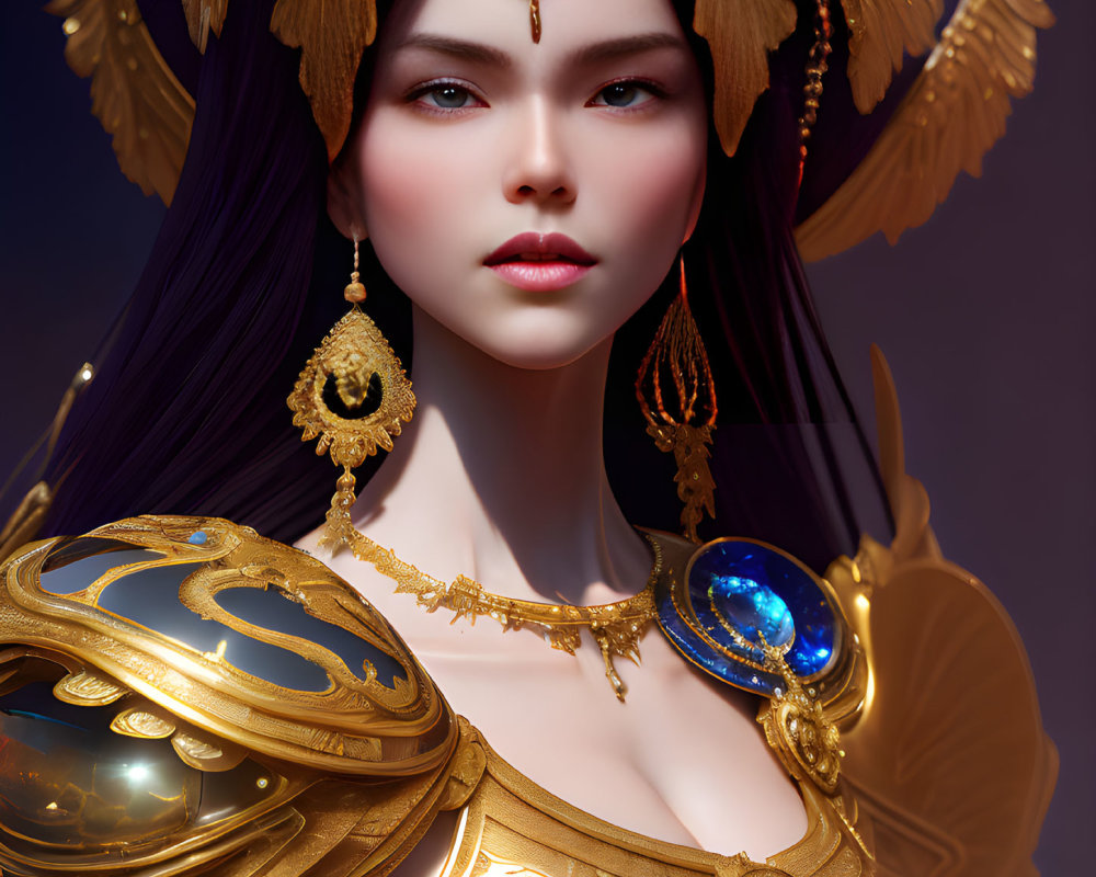 Detailed 3D Female Character in Golden Fantasy Armor