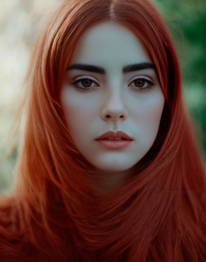 Woman with long red hair and green eyes against blurred natural background