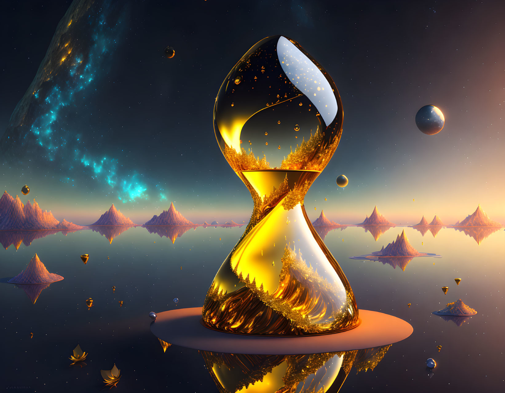 Surreal digital artwork: intricate hourglass among floating islands