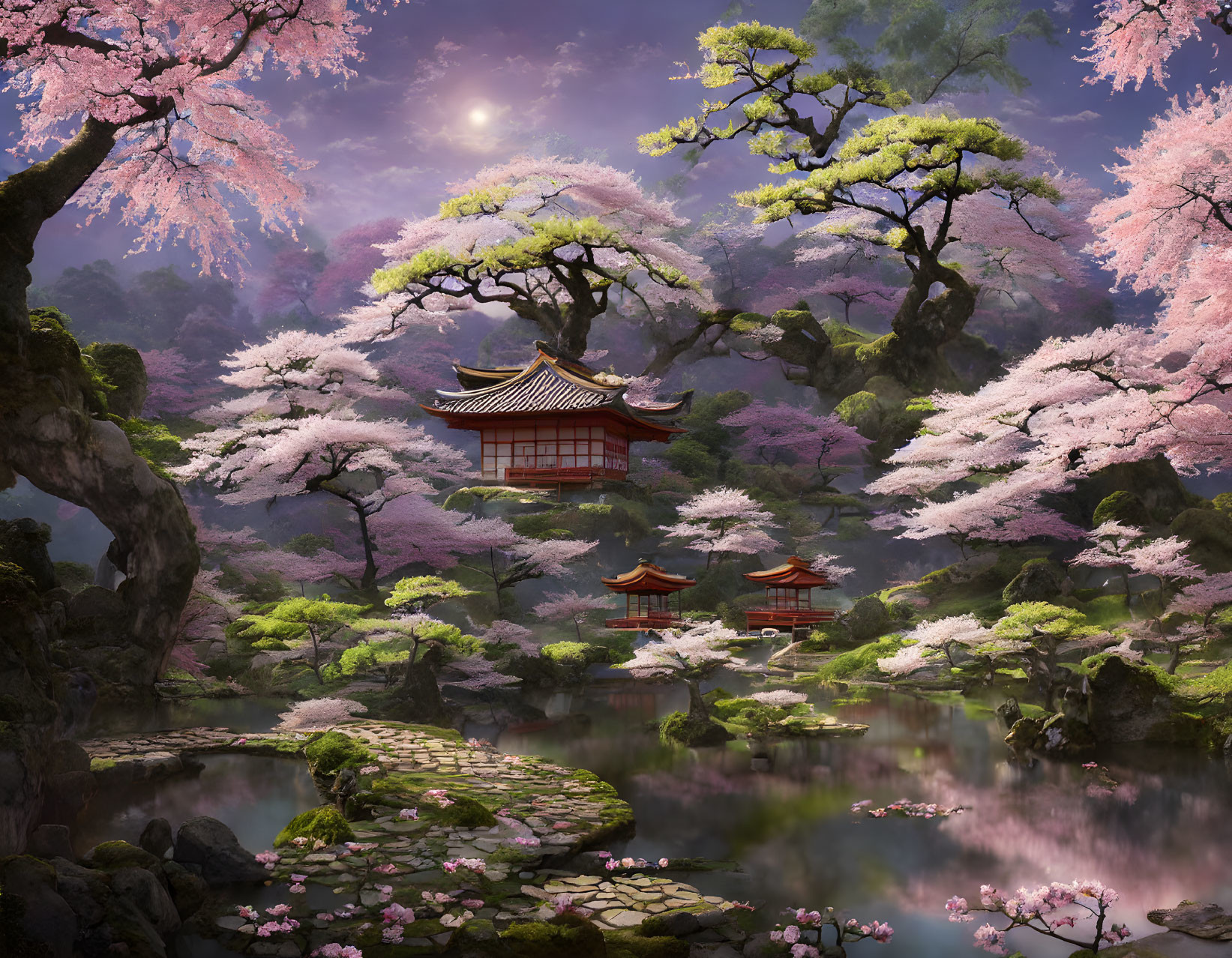 Traditional Japanese garden with cherry blossoms, pagoda, pond, and lush greenery.