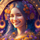 Colorful illustration of a smiling woman with floral frame and glowing orbs