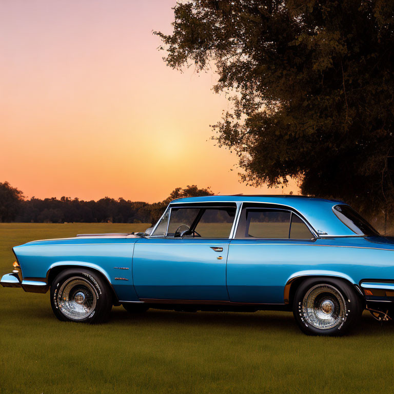 Vintage Blue Car Parked on Grass Under Sunset Sky