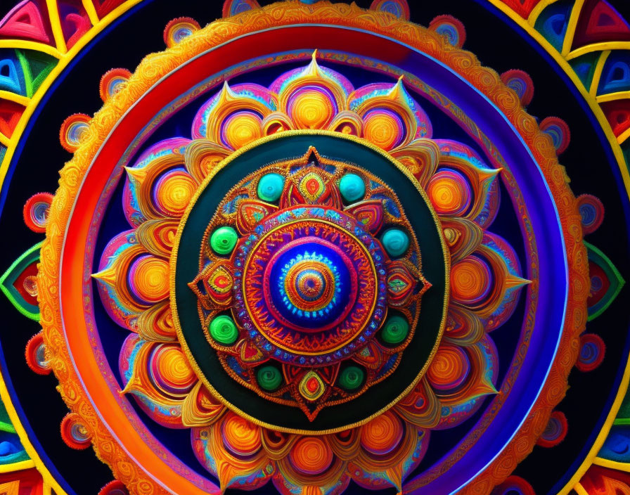 Colorful Mandala Design with Neon Patterns on Dark Background