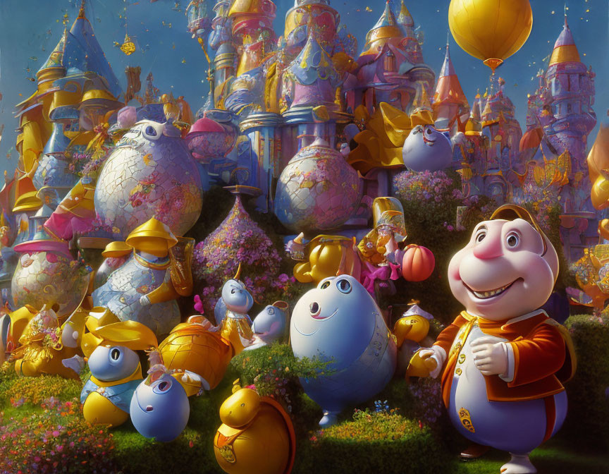 Vibrant fantasy scene with whimsical characters, castles, and balloons