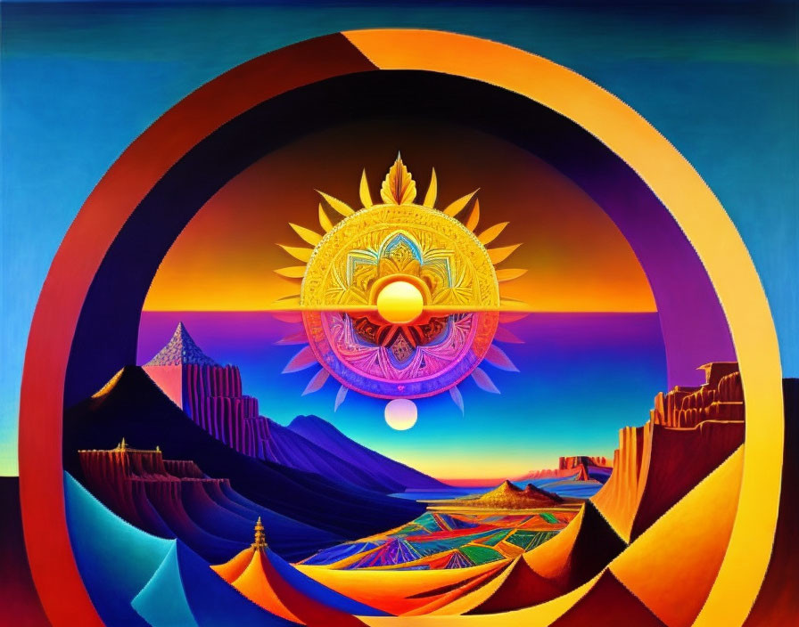 Colorful Surrealist Painting with Concentric Circles and Sun Motif