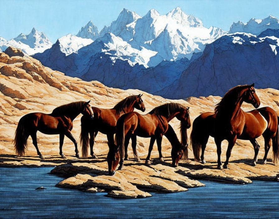 Majestic horses on rocky terrain with snow-capped mountains