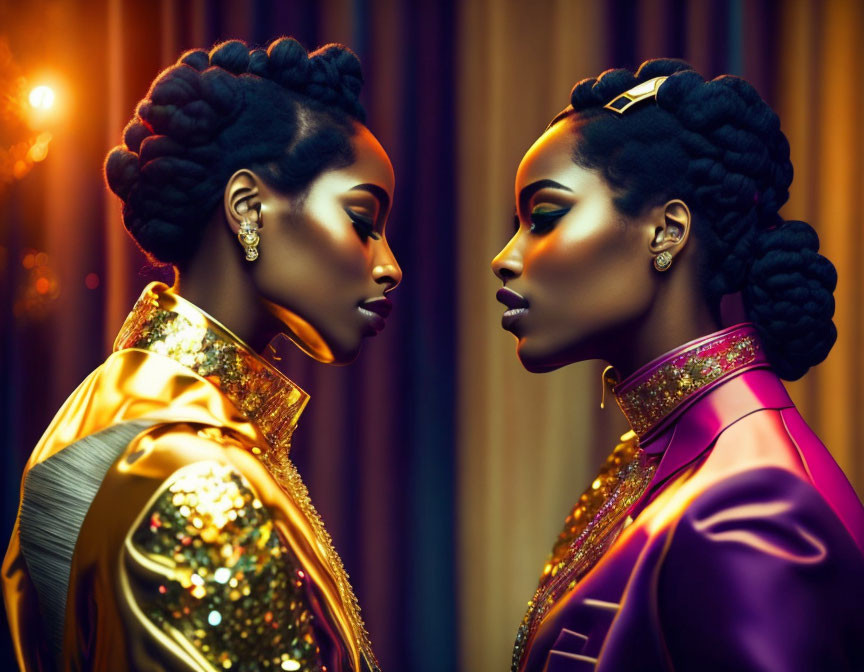 Two women with intricate hairstyles in vibrant, gold-embellished jackets against a colorful backdrop