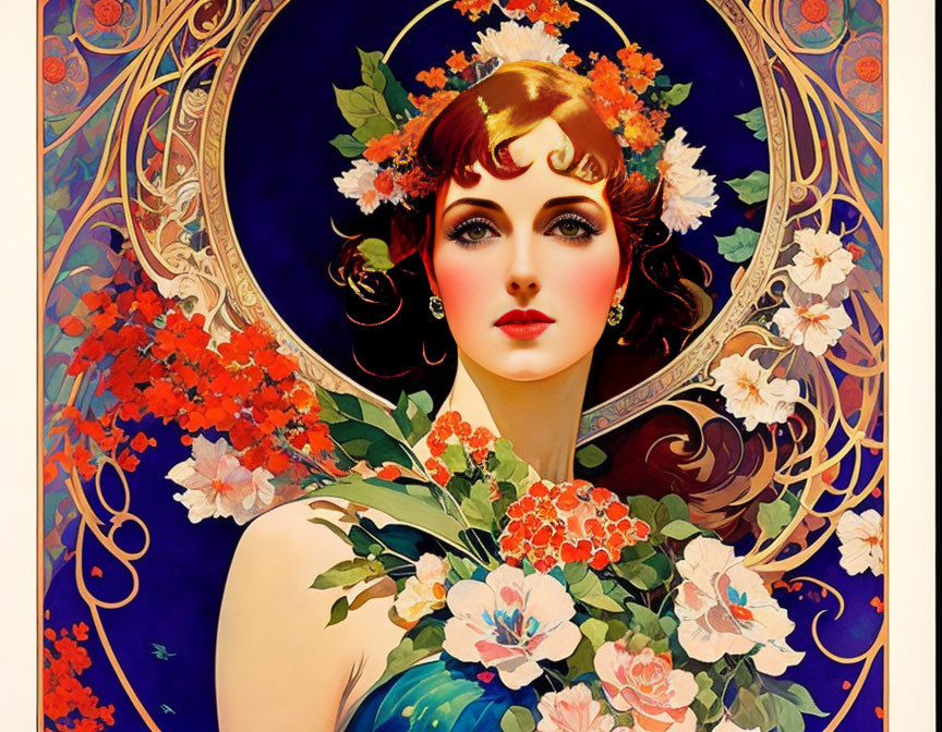 Vibrant Art Nouveau Woman Illustration with Floral Patterns