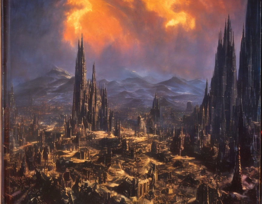 Fantastical cityscape with towering spires under dramatic orange sky
