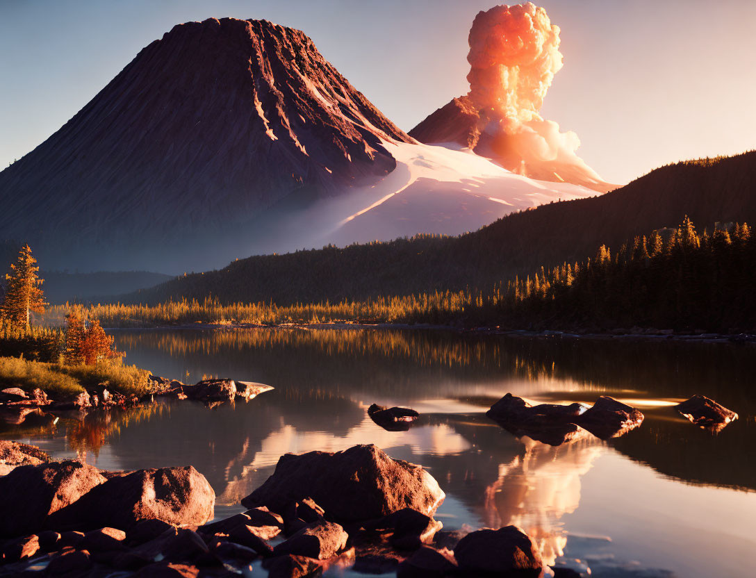 Volcanic eruption near serene lake at sunset