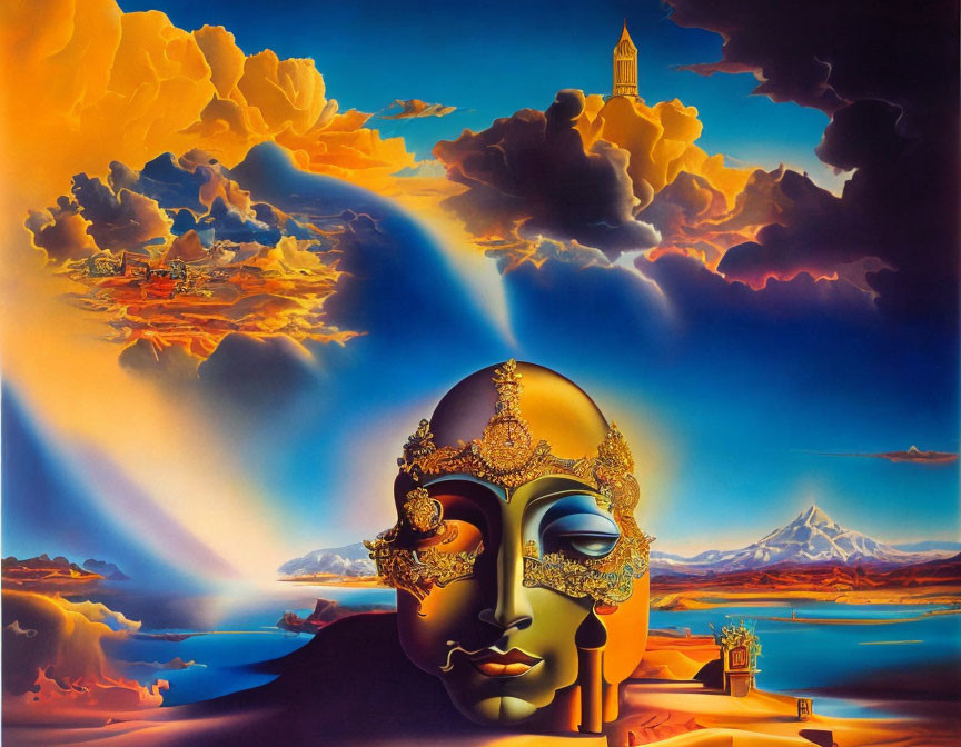 Surreal painting of mask-like face in vivid landscape