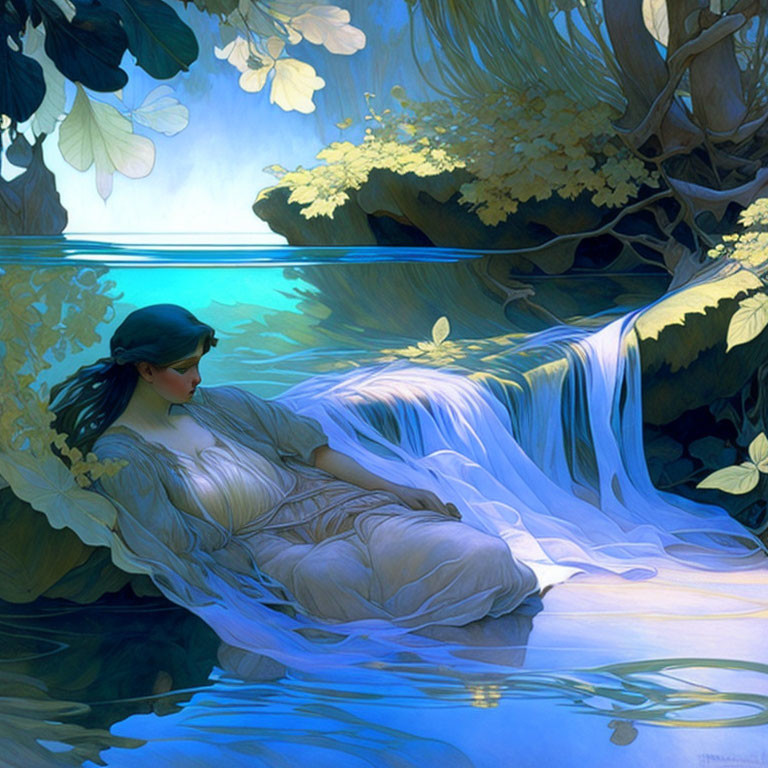 Woman blending with tranquil waterfall in lush foliage.